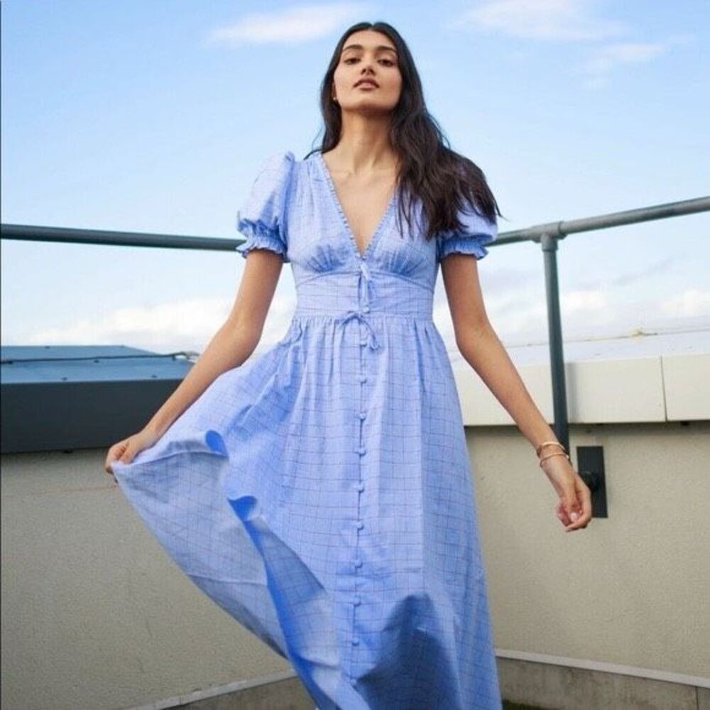 Hill House Light Blue Checked Midi Dress
